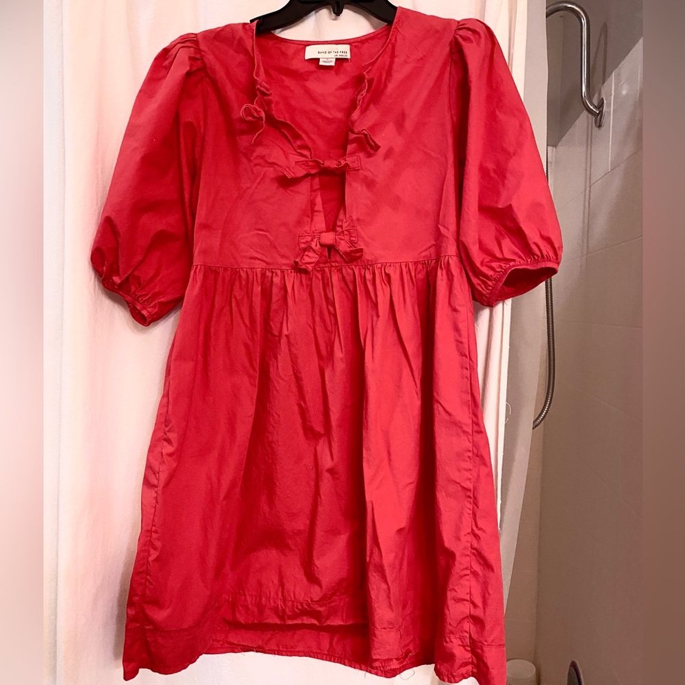 Band of the Free Red Pullover Cotton Dress 3/4 puffy sleeves & 3 tie top. EC Med